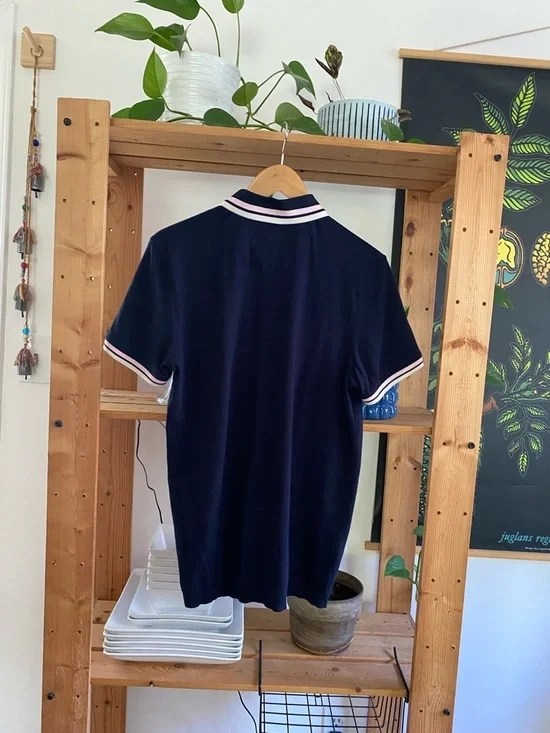 Ted Baker Navy Blue Pink White Stripe Collar Knit Polo Shirt Medium - Picture 3 of 15